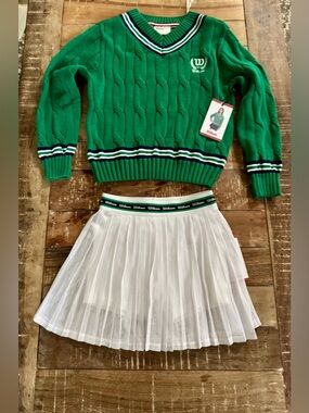 Wilson Tennis Set Green Cable Knit Sweater & White Pleated Skirt Preppy NWT M